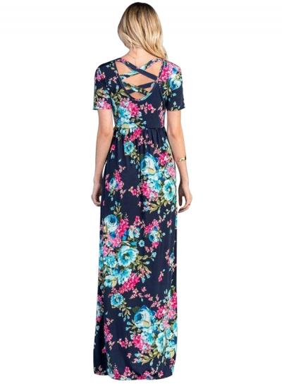 Oasap Rosy Aqua Floral Pattern Short Sleeve Summer Maxi Dress In Navy
