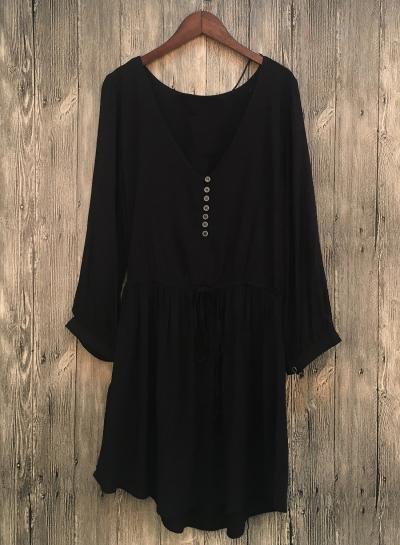 Oasap V Neck Long Sleeve Drawstring Waist Solid Dress