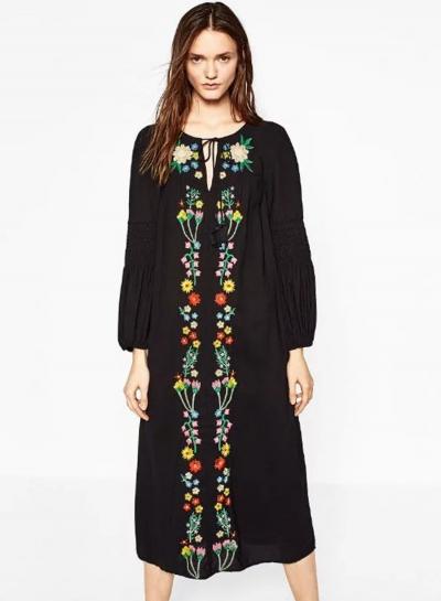 Oasap Floral Embroidered Pattern Lantern Sleeve Maxi Dress