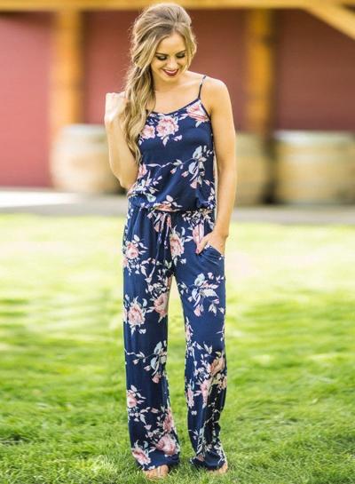 Oasap Spaghetti Strap Floral Print Wide Leg Jumpsuit