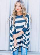 Oasap Loose Fit Stripe Pullover Batwing Sleeve Tee