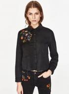 Oasap Black Floral Embroidery Shirt