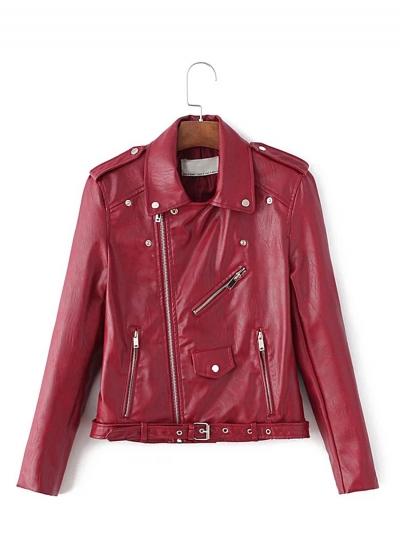 Oasap Pu Leather Turn-down Collar Long Sleeve Slim Jacket