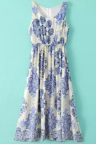 Oasap Floral Hight Waist Midi Dress