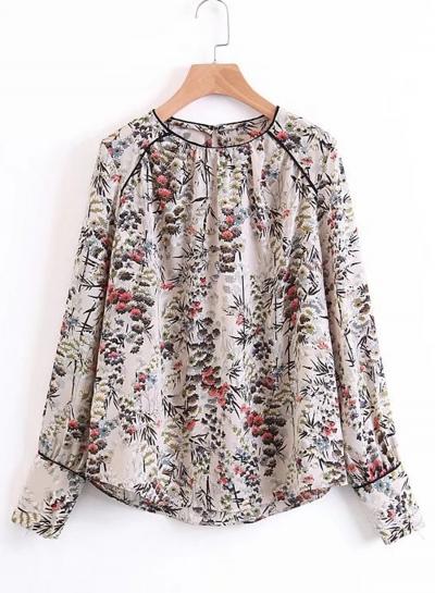 Oasap Round Neck Long Sleeve Floral Printed Blouse