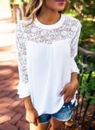 Oasap Solid Color Lace Panel Round Neck Chiffon Blouse