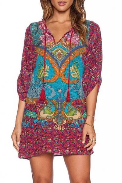 Oasap Boho Mixed Print Ruffled Sleeve Mini Dress