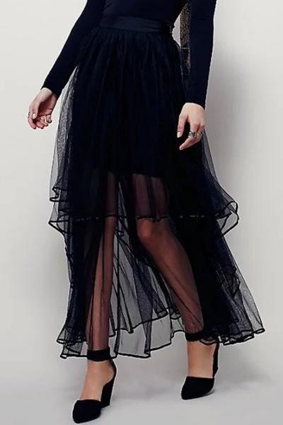 Oasap Women's Casual Solid Layered Paneled Mesh Maxi Skirt