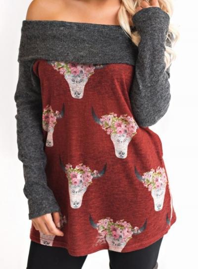 Oasap Slash Neck Long Sleeve Oxhead Print Knit Tee Shirt