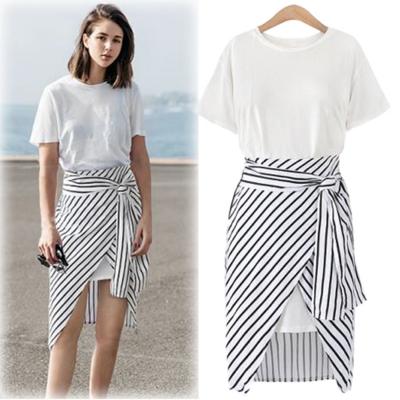 Oasap Fashion Long Tee Striped Skirt 2 Piece Set