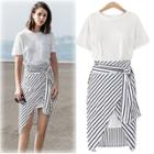 Oasap Fashion Long Tee Striped Skirt 2 Piece Set