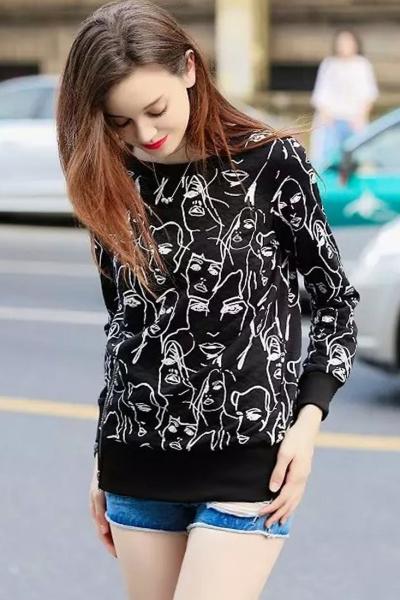 Oasap Unique Portrait Print Long Sleeve Hoodie