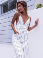 Oasap Stripe Spaghetti Strap V Neck Sleeveless Backless Cropped Jumpsuit