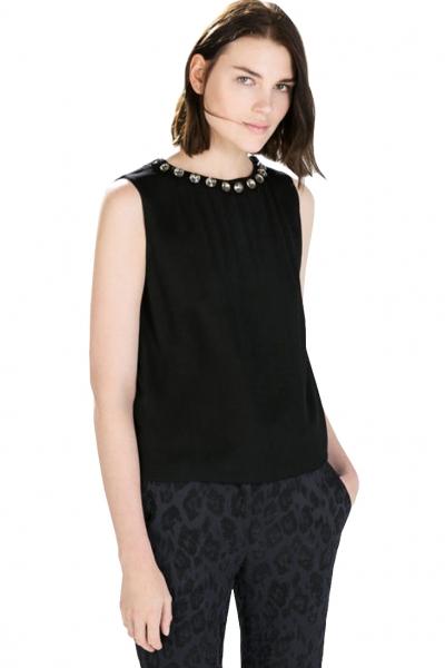 Oasap Black Bejeweled Neckline Muscle Tee
