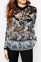 Oasap Vintage Slim Floral Long-sleeve Ornate Top