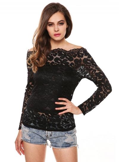 Oasap Slash Neck Long Sleeve Hollow Out Lace Tee Shirt
