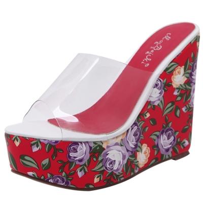 Oasap Transparent Floral Wedge Heels Slip-on Sandals