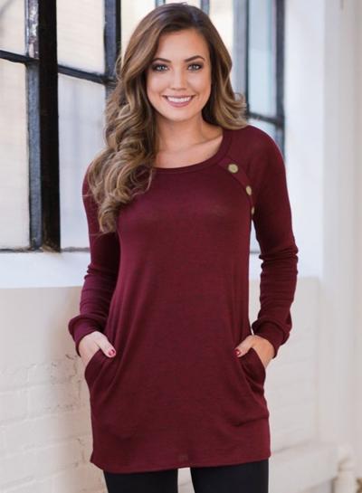 Oasap Red Button And Suede Accent Tunic Tee Shirt