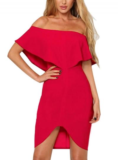 Oasap Fashion Irregular Solid Slash Neck Off The Shoulder Ruffle Bodycon Dress