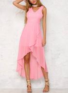 Oasap Solid Color V Neck Sleeveless Chiffon High Low Dress