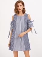 Oasap Round Neck Off Shoulder Plaid Dresses