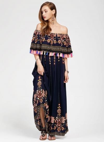 Oasap Boho Floral Off Shoulder Maxi Dress