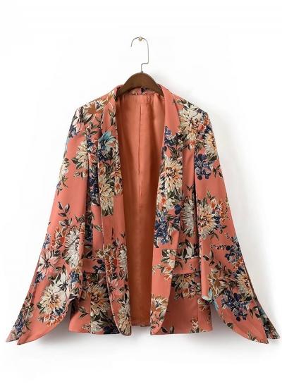 Oasap Notch Lapel Slit Sleeve Floral Print Open Front Blazer