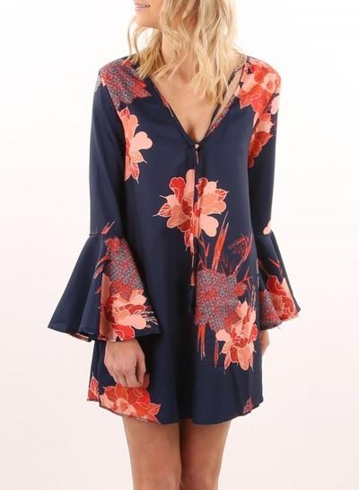 Oasap Deep V Neck Floral Print Flare Sleeve Mini Dress