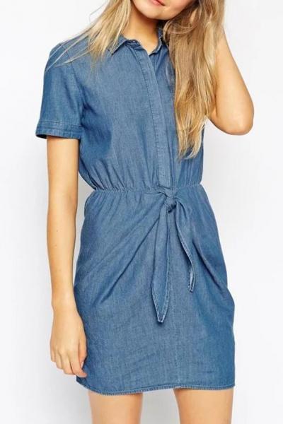 Oasap Sweet Solid Bowknot Shirt Dress