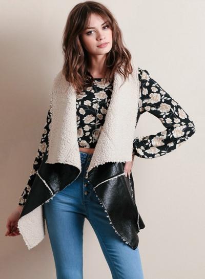 Oasap Women's Pu Contrast Faux Shearling Coat