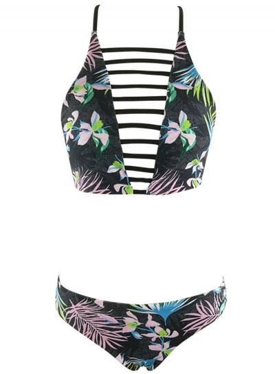 Oasap Floral Printed Hollow Our 2 Piece Bikini Set