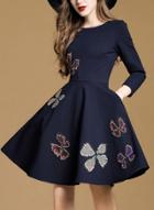 Oasap Round Neck Long Sleeve Embroidery A-line Dress