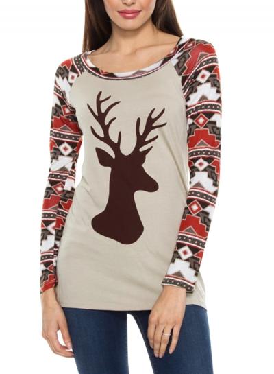 Oasap Round Neck Long Sleeve Christmas Floral Printed Tee Shirt