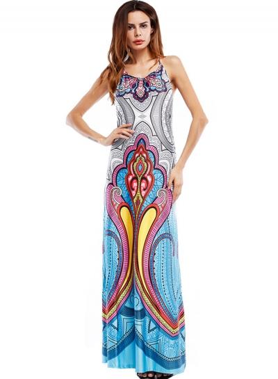 Oasap Ethnic Halter Sleeveless Backless Printed Maxi Dress
