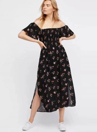 Oasap Off Shoulder Short Sleeve Floral Slit Maxi Chiffon Dress