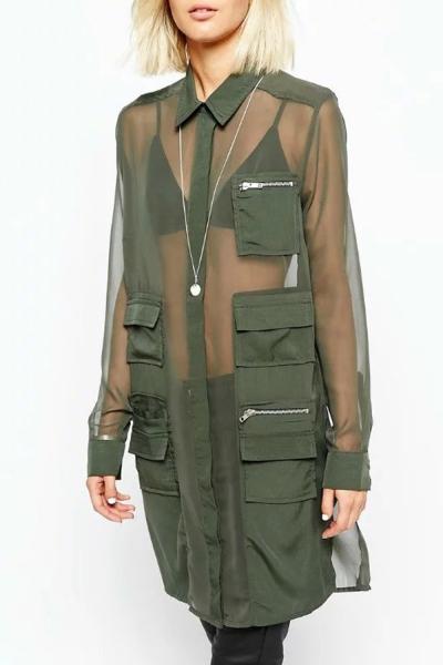 Oasap Modern Patch Pocket Side Slit Sheer Chiffon Shirt