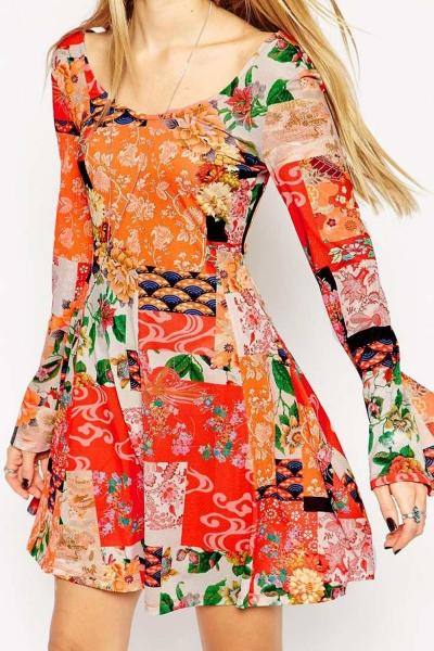 Oasap Vintage National Wind Print Flare Sleeve Dress
