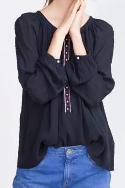 Oasap National Wind Embroidery O Neck Blouse