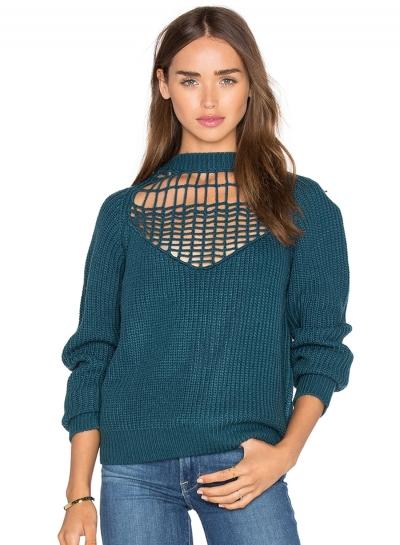 Oasap Solid Color Mock Neck Long Sleeve Hollow Out Sweater