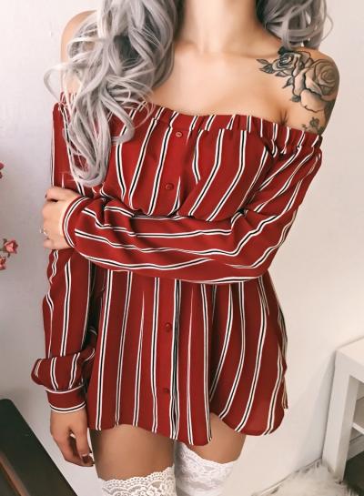 Oasap Stripe Off Shoulder Long Sleeve Pullover Blouse