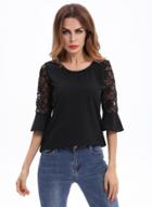 Oasap Round Neck Lace Sleeve Solid Blouses