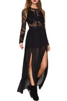 Oasap Women's Lace Chiffon Long Sleeve Backless High Slit Maxi Dress