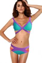Oasap Green Purple Strappy Cutout Bikini Swimsuit