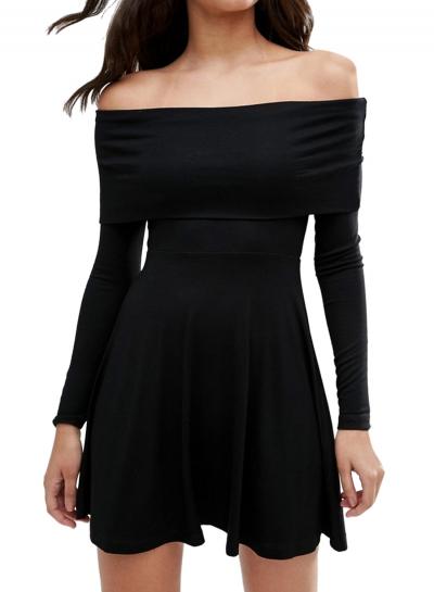 Oasap Women's Solid Slash Neck Long Sleeve Fit Flare Mini Dress