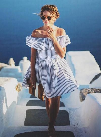 Oasap Slash Neck Off Shoulder Backless Striped Dress