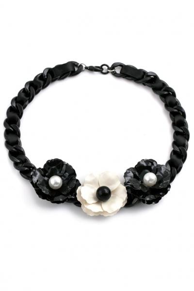 Oasap Black Rosette Faux Pearl Braided Chain Necklace