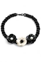 Oasap Black Rosette Faux Pearl Braided Chain Necklace