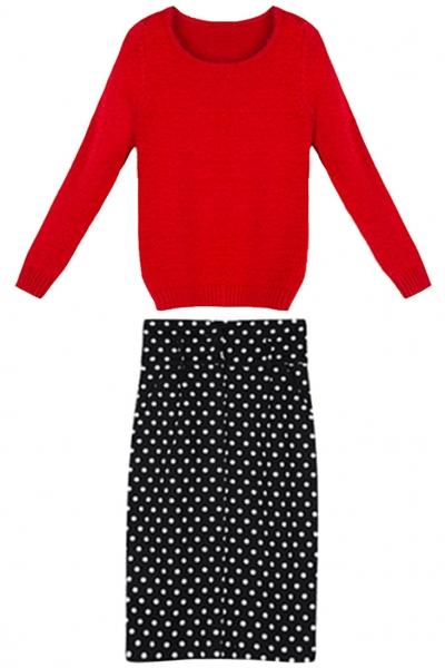 Oasap 2pcs Red Knit Sweater Medi Skirt Matching Set