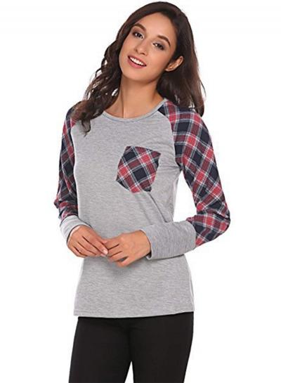 Oasap Plaid Long Sleeve Loose Fit Pullover Tee