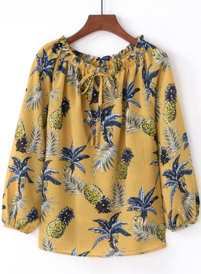 Oasap Slash Neck Lantern Sleeve Pineapple Printed Blouse